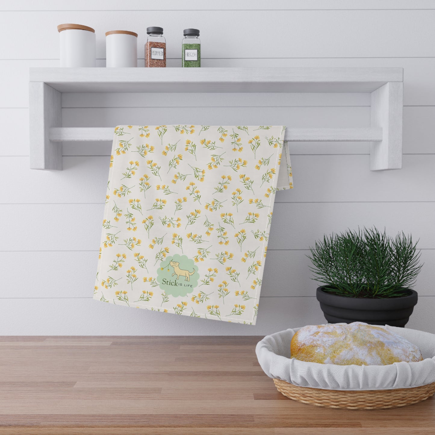White Background w/ Yellow & Mint Spring Floral Cotton Tea Towels – Eco-Friendly Kitchen Decor
