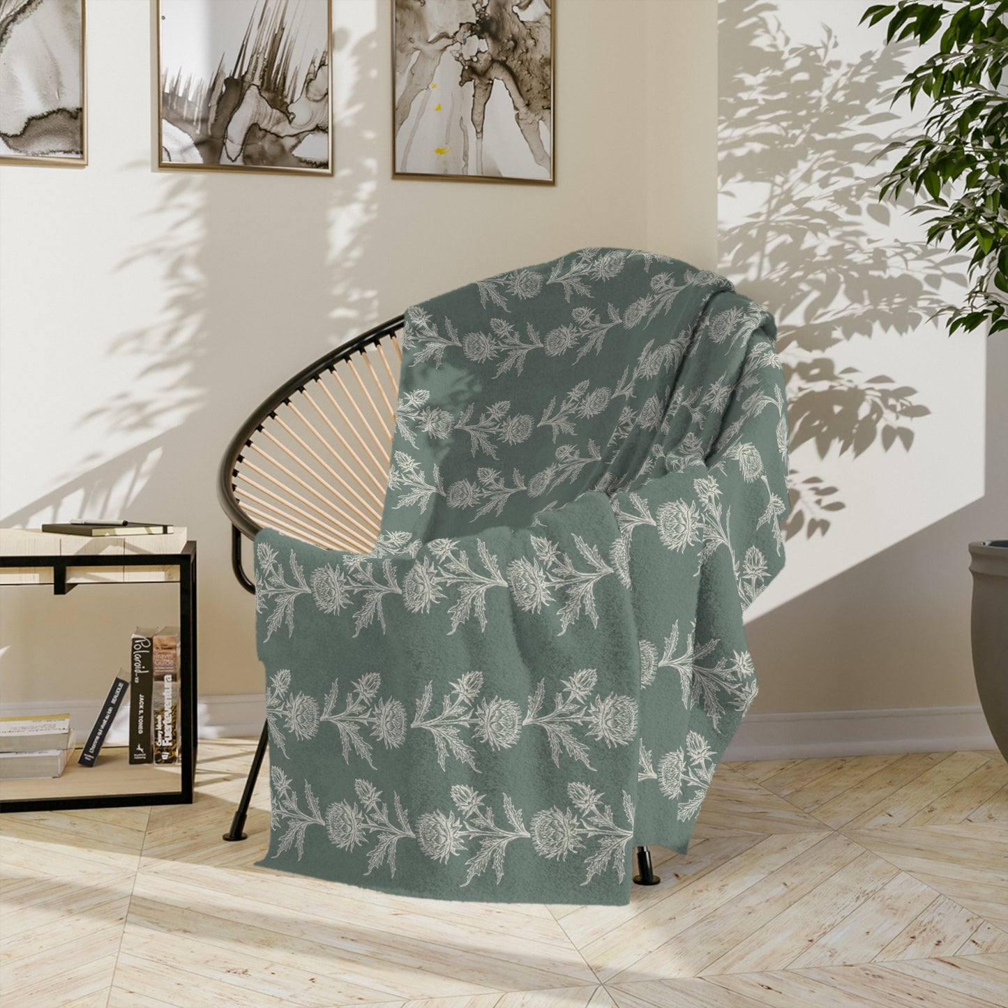 Vintage Green Floral Velveteen Microfiber Lightweight Blanket