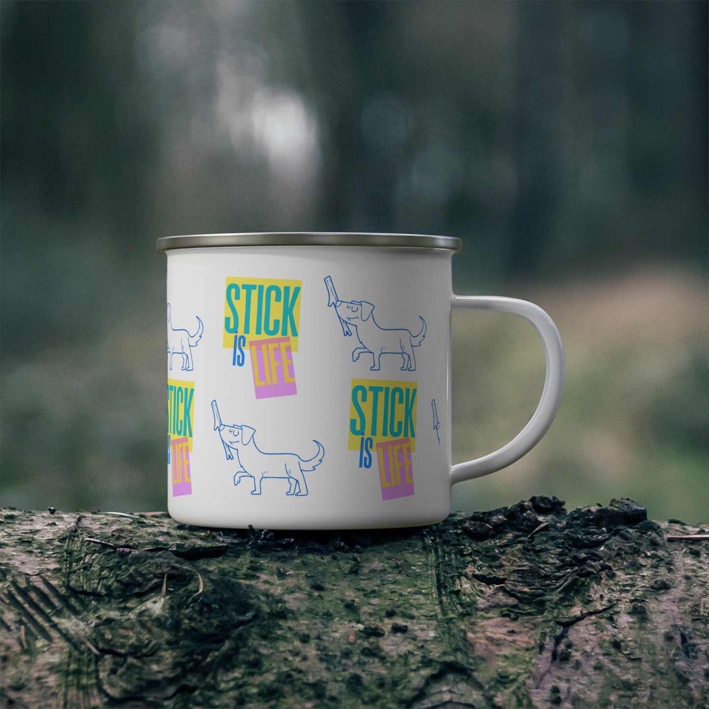 Retro Neon 'Stick is Life' Enamel Camping Mug - Perfect for Outdoor Adventures