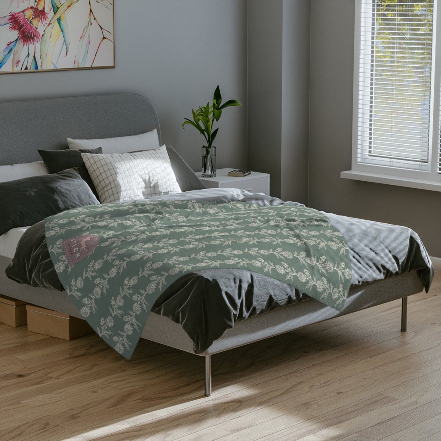Vintage Green Floral Velveteen Microfiber Lightweight Blanket