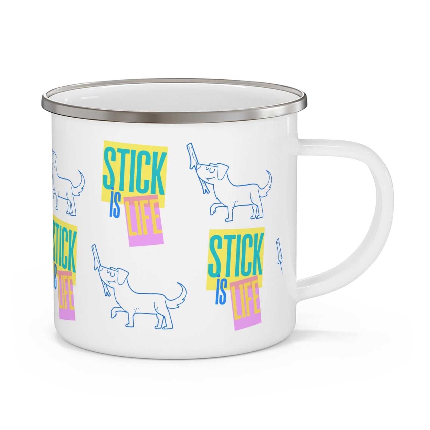 Retro Neon 'Stick is Life' Enamel Camping Mug - Perfect for Outdoor Adventures
