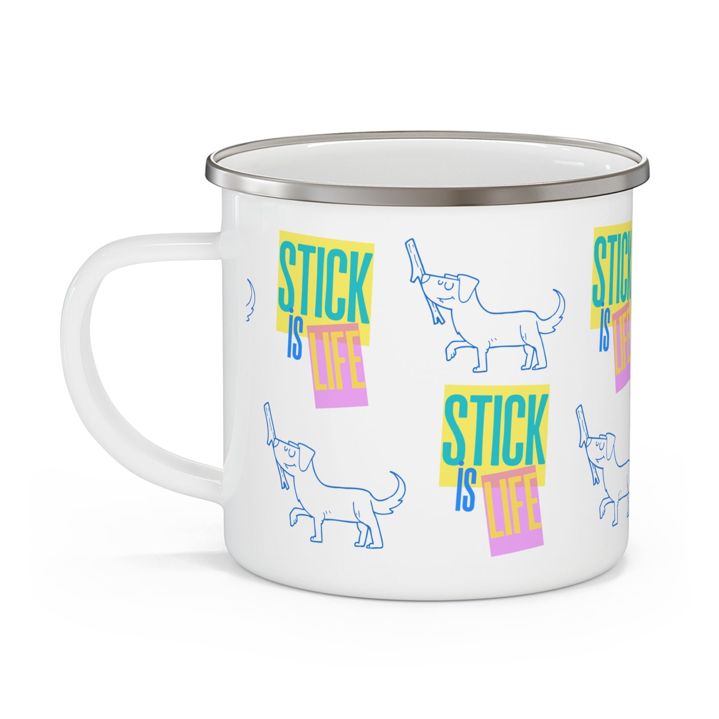 Retro Neon 'Stick is Life' Enamel Camping Mug - Perfect for Outdoor Adventures